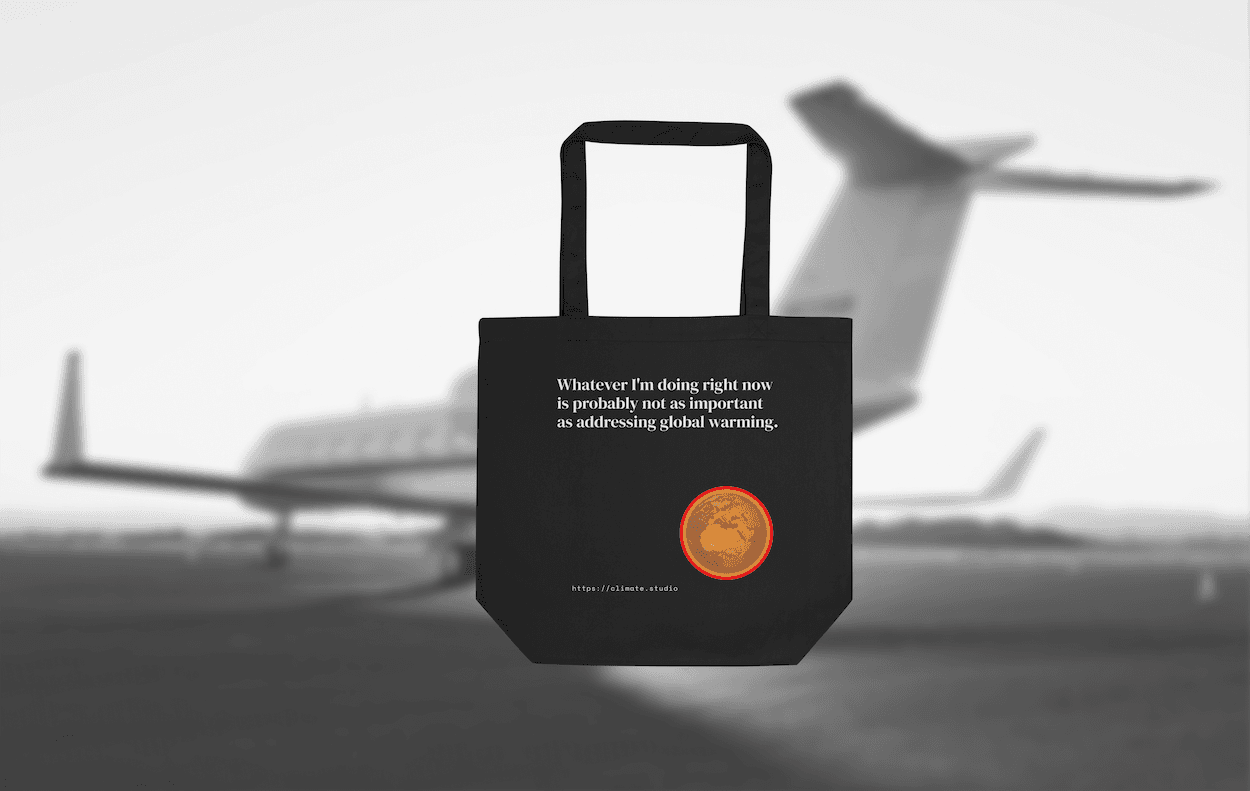 Black tote bag with climate message against private jet background
